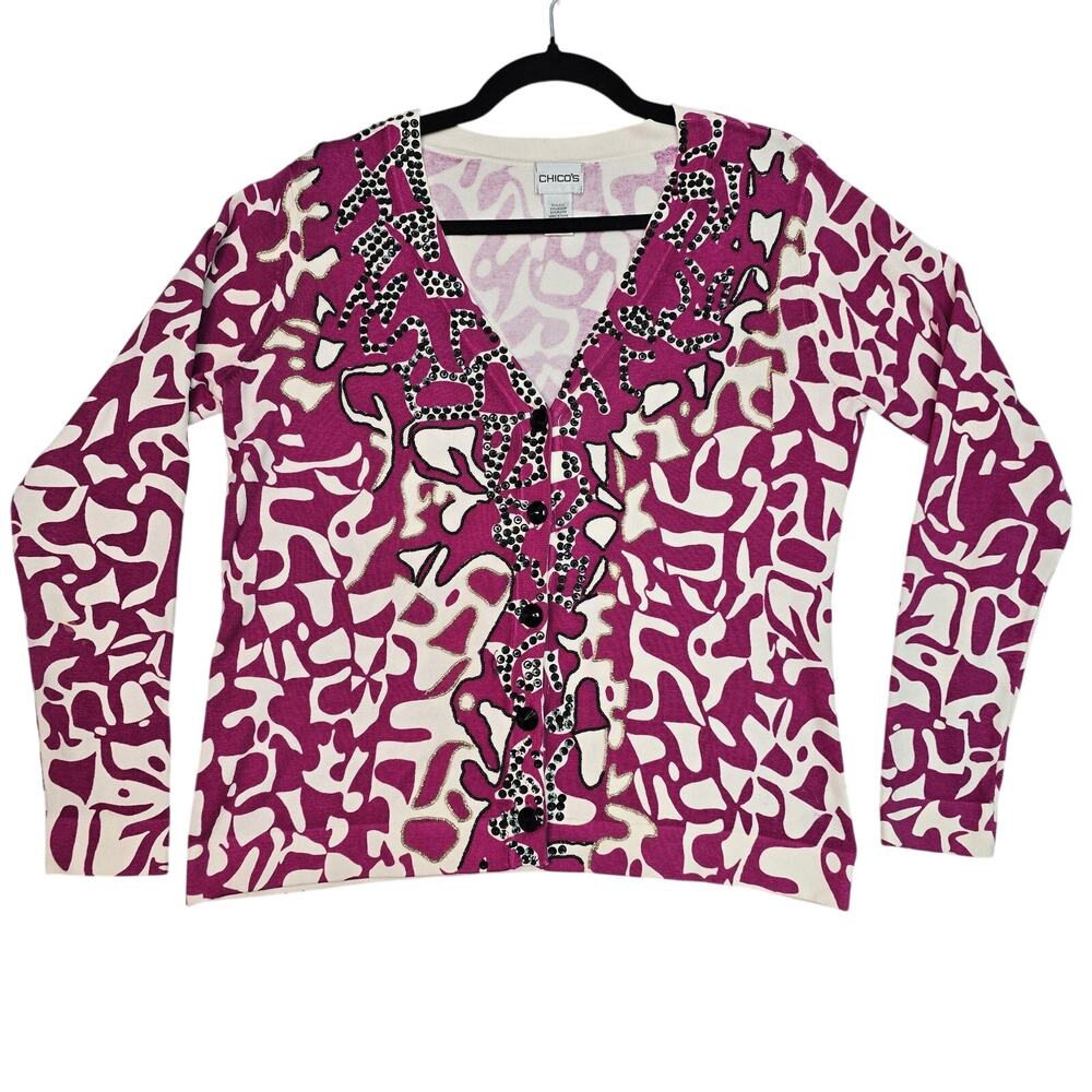 Chicos Cardigan Sweater Womens Size 1 Pink White Sequin Beaded Silk Blend V Neck